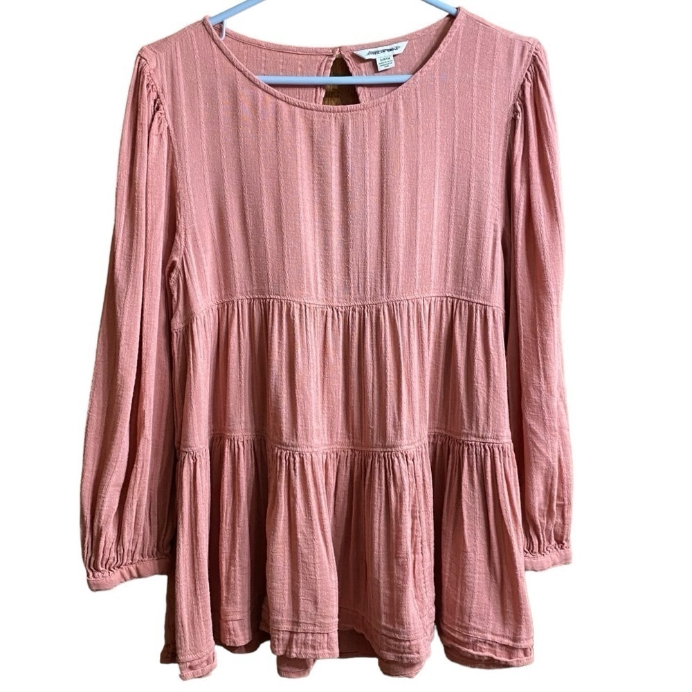 American Eagle Pink Long Sleeve Ruffled Hem Tiered Babydoll Blouse Top Size S